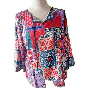 BOB MACKIE WEARABLE ART KIMONO LIKE PULLOVER BLOUSE RED BLACK PURPLE GREY Sz M